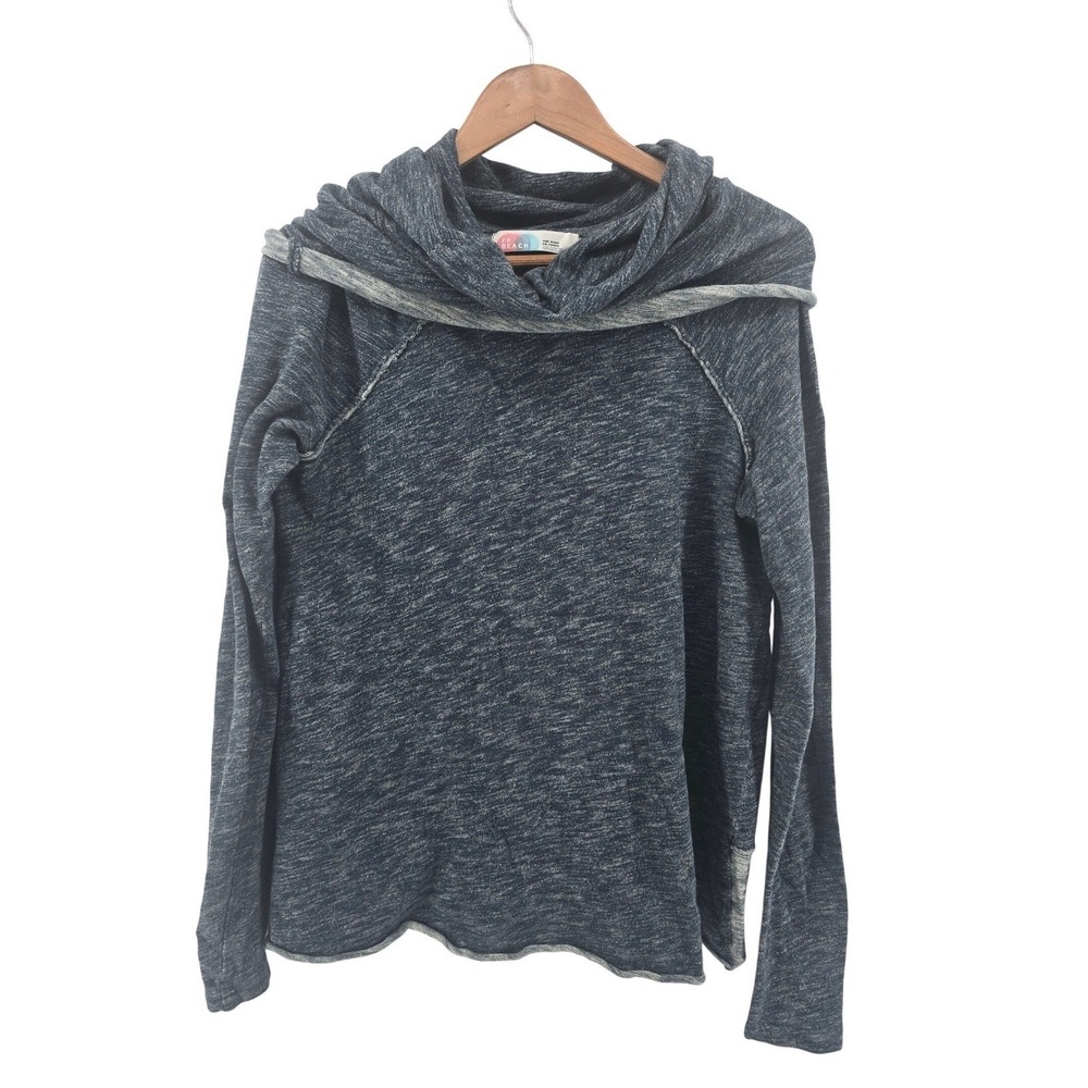 FP Beach Pullover Womens M One Body Cowl Neck Blue Marled Raw Seam EUC